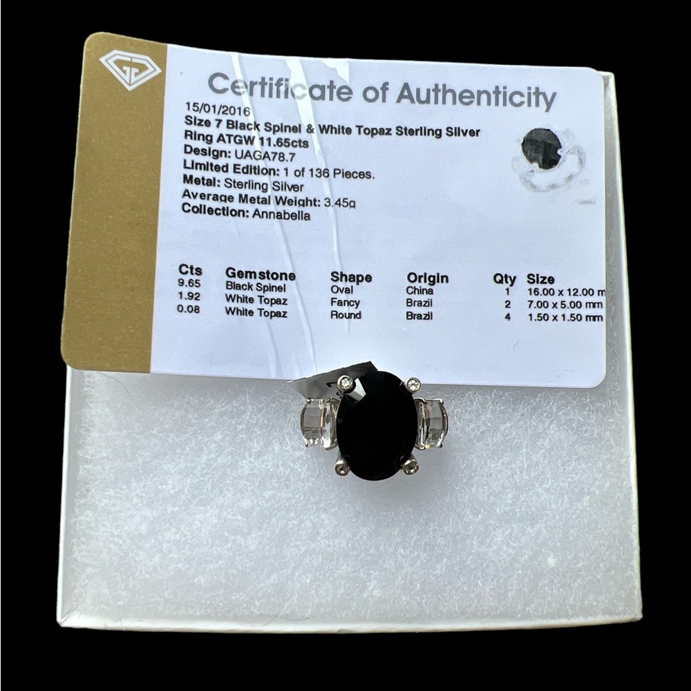 Black spinel & white topaz sterling silver ring